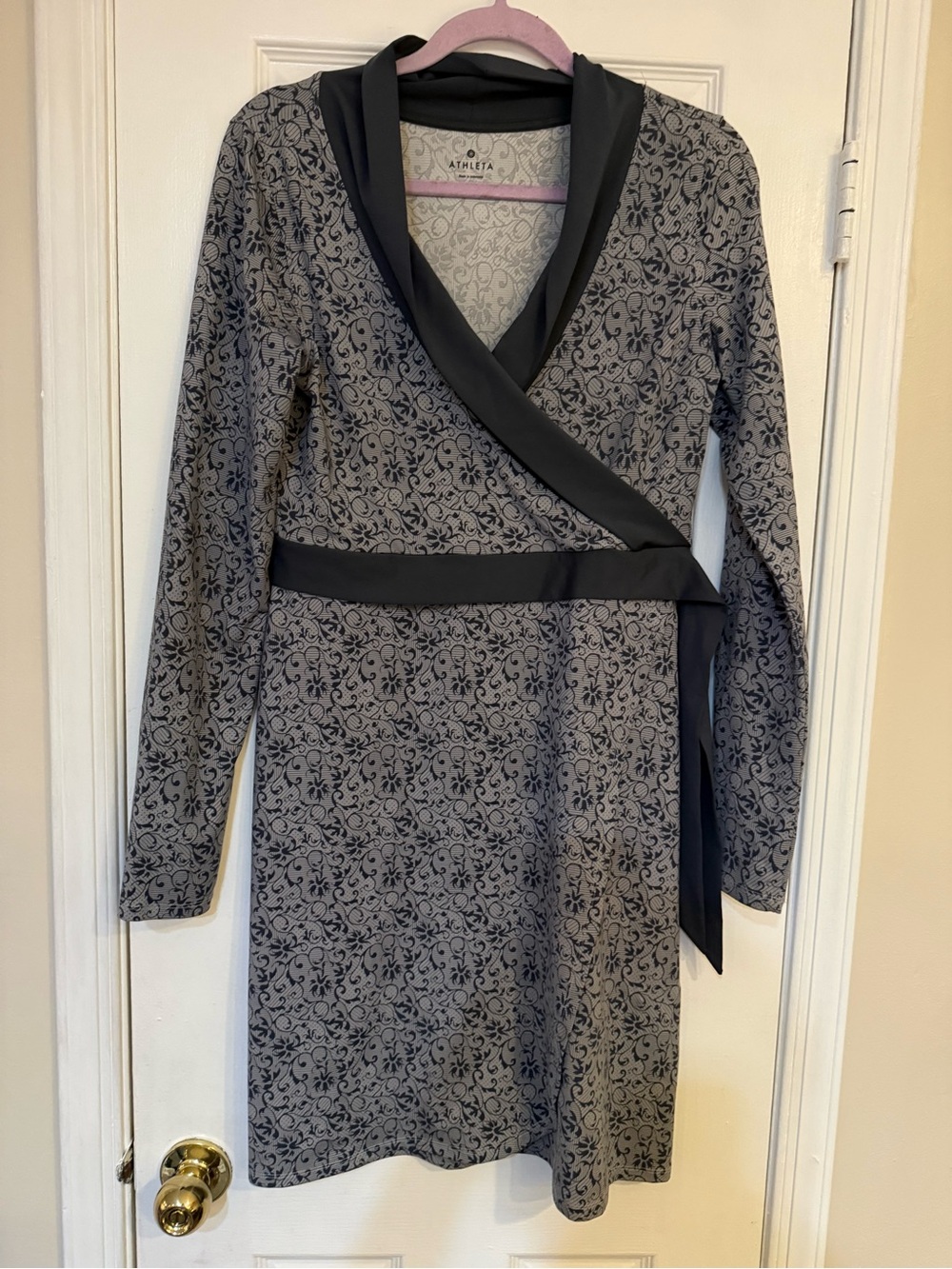 Athleta Gray Floral Wrap Dress with Black Trim